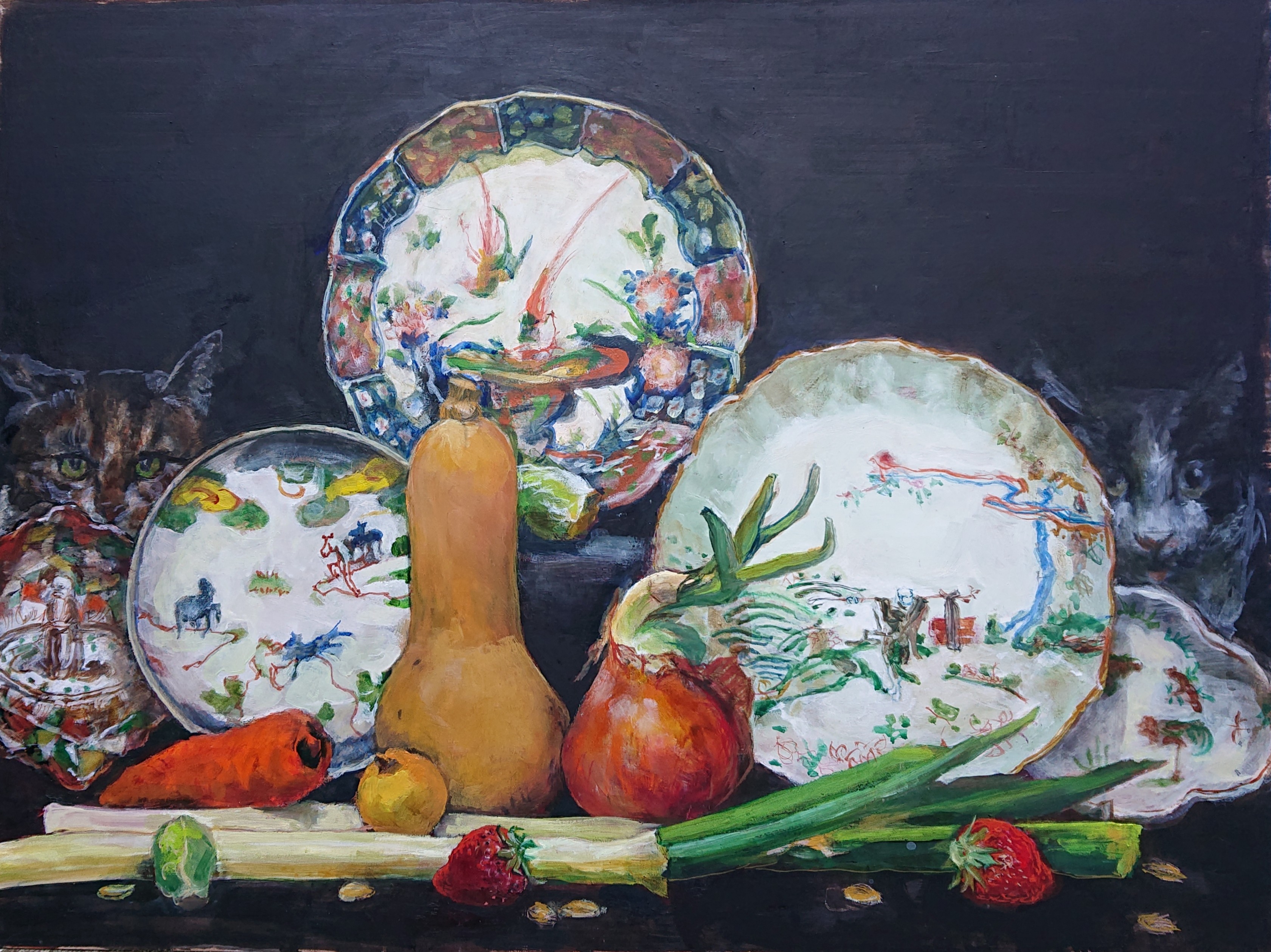 五彩皿と野菜と猫　三三60.6X45.5 油彩板