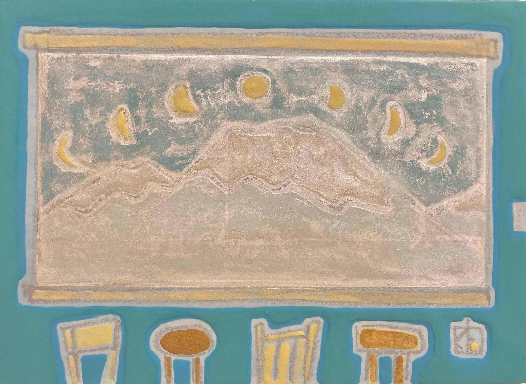 杉山佳「月と山の見える部屋」 麻紙、岩絵具、膠、箔、クレヨン 247×333mm