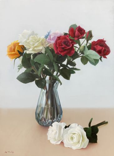 辻信之　ガラスの花瓶と花