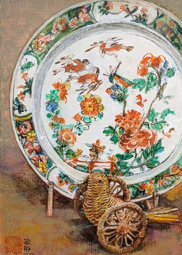 Toshihiro Matsumoto / Gosai Flower and sparrow plate and pigeon cart